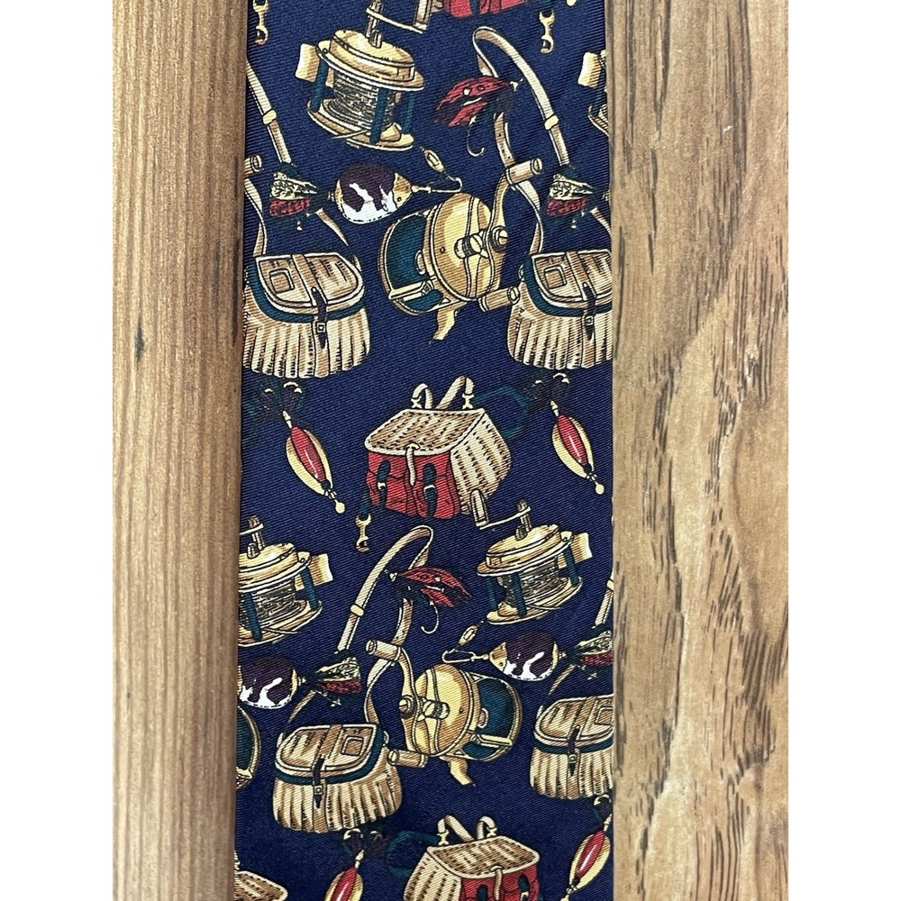 Alynn Tie Mens Blue Silk Fly Fishing Basket Reels‎ Lures 3.75” Vintage Usa
